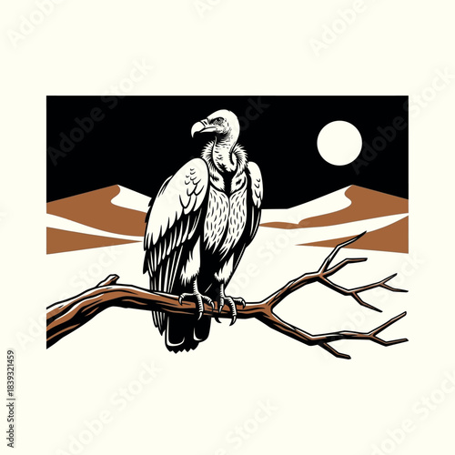 Vector illustration of an eagle, vulture, and other wild predator birds on a branch with feathers and beak