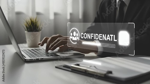 Man In Suit Typing on Laptop with Confidential Overlay on Bright Desk with Office Elements and Papers