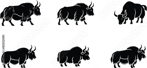 A captivating collection of six dynamic black yak silhouettes showcasing various powerful poses