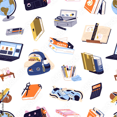Repeatable pattern of different school items, stationery and books. Endless background of supplies for education, learning languages and studying maths, geography. Flat seamless vector illustration.