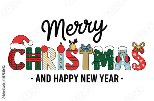 Merry Christmas and happy new year customized typography with white background
