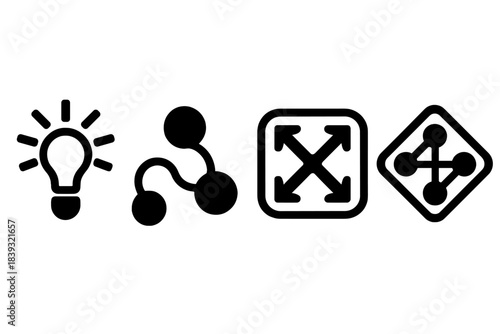 Bold Innovation Icons. Innovation Mindset silhouette set: creative-spark bead, idea-flow node, concept-expansion tile.