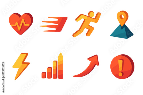 Vibrant Excitement Icons. Excitement & Rush Icons isometric flat set: fast heartbeat line, swift motion streak, daring action pose, peak-edge marker, surge spark, adrenaline spike