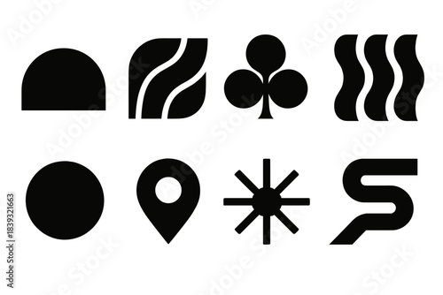 Mindful Icon Set. Mindful happiness patterns silhouette set: serenity arc tile, contentment flow bar, gratitude node, calm wave strip, reflective point, inner peace marker, joy