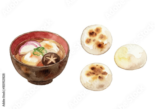 Watercolor-style mochi illustration／お雑煮・丸餅