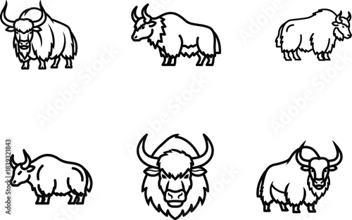 A collection of diverse black line art yak icons featuring various majestic bovines with long shaggy