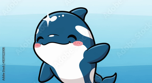 Cute cartoon orca whale waving hello in the ocean.