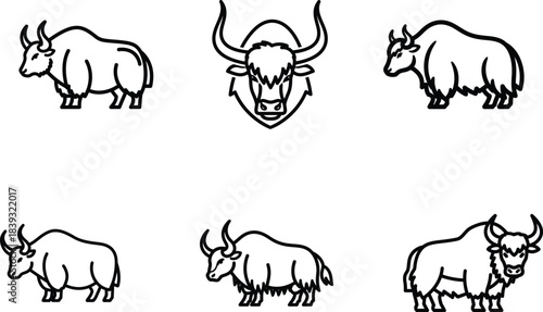 A compelling collection of diverse black line art yak icons in various stances and a detailed headsh