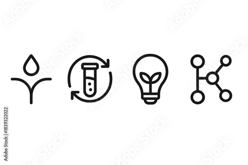 Creative Process Icons. Inventive Thought Processes linear set: divergent-path droplet, experiment-loop bar, concept-growth bead.
