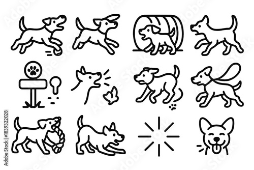 Energetic Dog Icons. Active Dog Playtime linear set: tennis ball fetch, frisbee chase, agility tunnel, jump hurdle, scent trail marker, playful bark bubble, quick-turn pawprint,