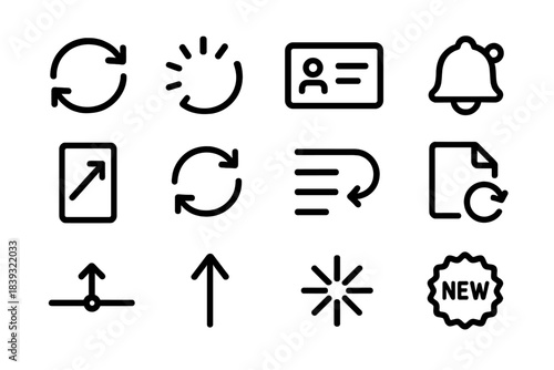 Outline Update Icons. Update Icons linear set: refresh arrows, progress wheel, updated card, shift notification dot, change marker, sync icon, revision lines, updated file tag,
