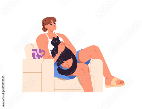 Happy girl holds a black cat and relaxes in armchair. Young woman sits, hugs and pets her domestic animal. Person with cute kitty in hands. Flat isolated vector illustration on white background.