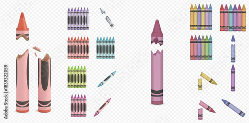 Set of colorful broken and whole crayons for drawing and creative art projects.