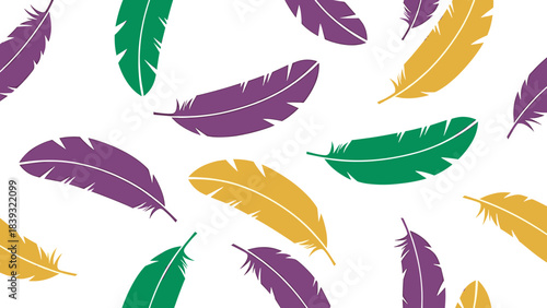 Colorful feathers scattered on a white background in playful style  