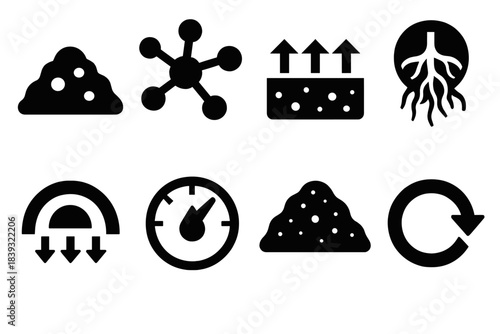 Soil Renewal Icons. Soil Renewal Framework silhouette set: organic amendment pile, microbial web icon, soil aeration bar, root-integration node, nutrient flow arc, moisture balance