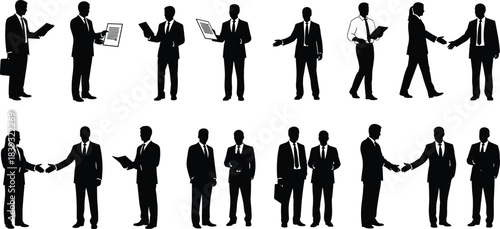 Black Business People Silhouettes Set, Men and Women Holding Documents, Handshaking, Standing, Corporate Vector Icons Collection