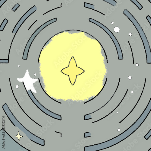 A glowing star at the center of a cosmic maze