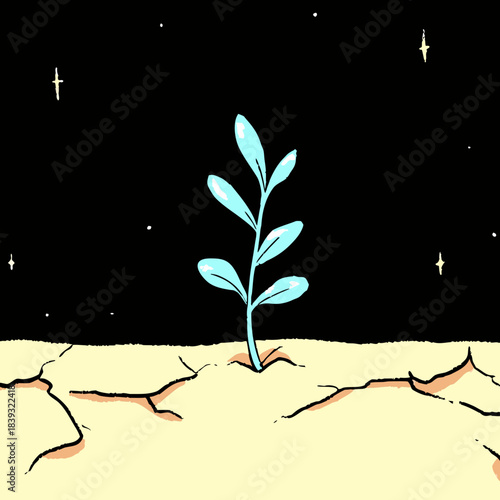 A lone blue plant sprouts from cracked earth under a starry night sky