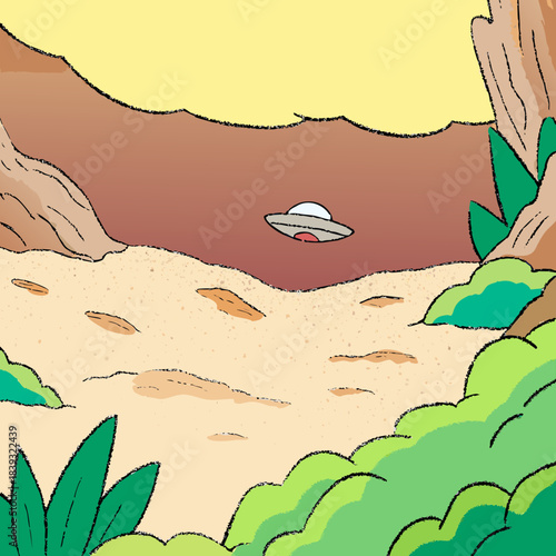 A lone spaceship floats over a sandy desert landscape