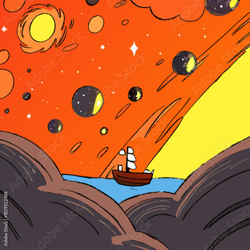 A small boat sailing across a colorful cosmic sea