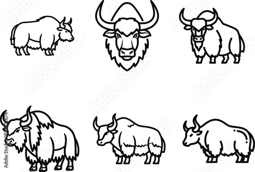  A comprehensive collection of diverse black outline yak icons featuring various poses including