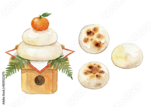 Watercolor-style mochi illustration／鏡餅・丸餅