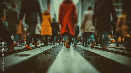 Glimpse of busy city life with pedestrians crossing a street during day