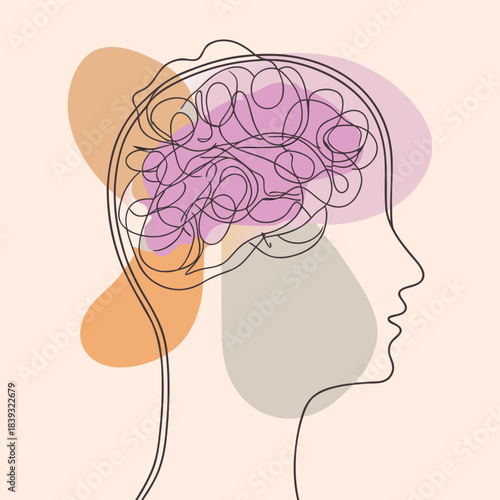 Abstract silhouette of a head filled with tangled thoughts