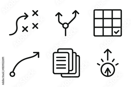 Futuristic Decision Icons. Alternative Futures Framework linear set: future pathway map, decision pivot point, variable set tile, projected outcome arc, scenario bundle, foresight