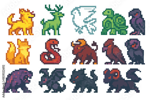 Harmony and Havoc Icons. Harmony vs. Havoc Creatures set of icons in flat pixel vector style: bright guardian hound, gentle forest stag, spirit bird, protective turtle, luminous