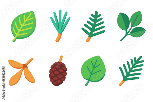Woodland Tree Icons. Woodland Tree Types isometric flat set: beech leaf, larch needle tuft, hemlock sprig, walnut leaf pair, sycamore seed pod, alder cone, aspen leaf, yew branch.