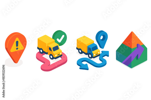 Stylish Delivery Icons. Cautious Delivery Routes flat isometric set: alert indicator drop, verified transit link, controlled-path prism.
