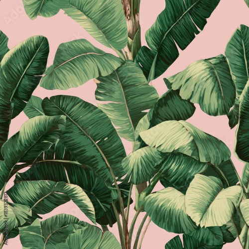 Lush tropical banana leaf pattern on soft pink
