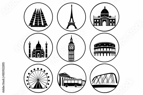 Collection of famous city landmarks and travel icons