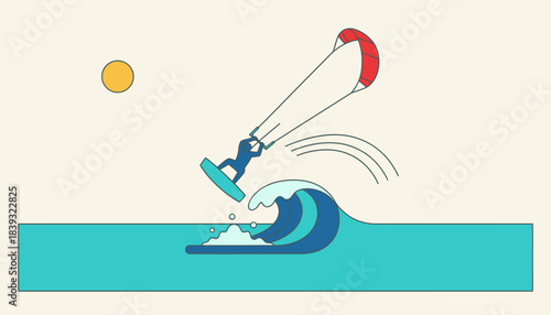 A kiteboarder blazing across a turquoise bay harnessing the winds power to launch off a wave.