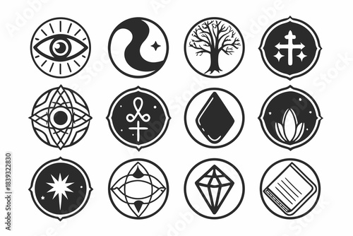 Collection of twelve esoteric wisdom symbols and icons