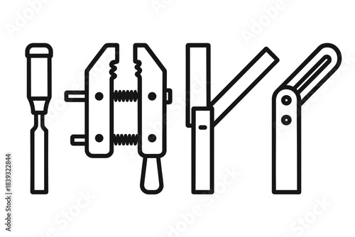 Joinery Tools Icons. Joinery Tool Set linear set: mortise chisel, wooden clamp, bevel square.