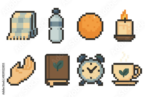 Self-Care Essentials Icons. Wellbeing & assistance items set set of icons in flat pixel vector style: comfort blanket, water bottle, stress relief ball, soothing candle, support