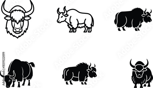 A comprehensive collection of diverse yak icons and silhouettes showcasing various majestic horned