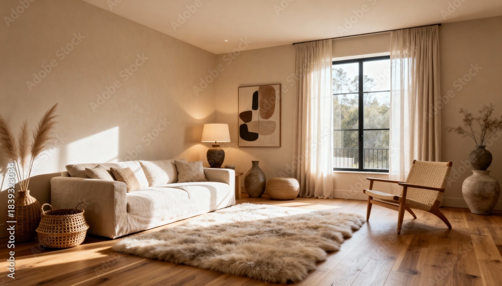 Fototapeta premium Luxury Scandinavian Cozy Living Room with Natural Wood Decor
