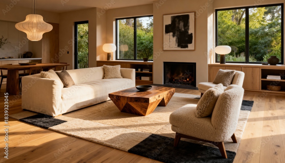 Fototapeta premium Luxury Scandinavian Cozy Living Room with Natural Wood Decor