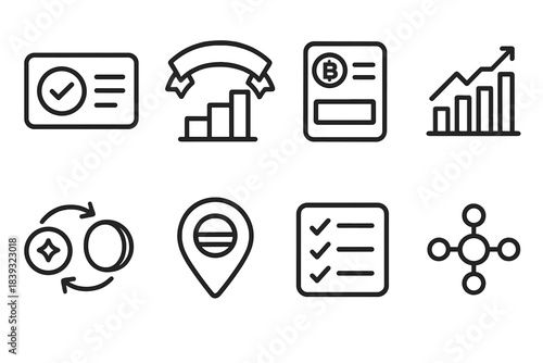 Digital Icons Grid. Value-Linked Participation Set linear set: token credential icon, involvement tier band, digital stake card, contribution history bar, incentive token loop,