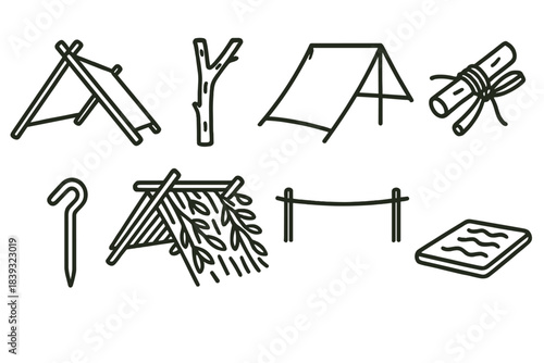 Lean-to Shelter Icons. Outdoor Shelter Building linear set: lean-to frame, branch support, tarp cover, rope tie, ground stakes, brush wall, ridge line, insulated floor layer.