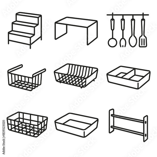Kitchen Storage Solutions. Kitchen Storage Racks linear set: tiered spice rack, metal shelf stand, hanging pot rack, utensil holder grid, under-shelf basket, dish drying rack,