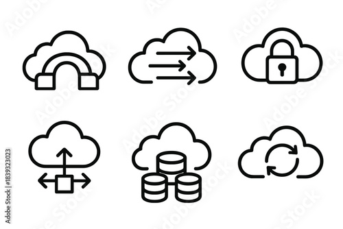 Hybrid Cloud Icons. Hybrid cloud strategies linear set: cloud bridge, data flow arrows, secure lock, workload balancer, resource pool, sync cluster.