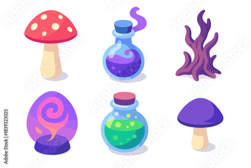 Fungal Elixir Icons. Fungal Elixir Set isometric flat set: tall toadstool, misty potion flask, root fragment, bubbling jar, essence swirl, small cap mushroom.