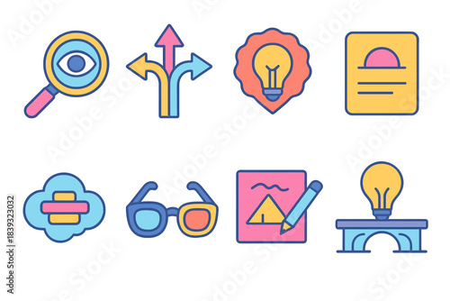 Isometric Concept Icons. Concept Development Suite isometric flat set: insight lens, divergent arrows, creativity badge, theme card, word cloud symbol, perspective shift icon,