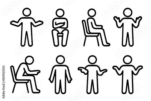 Body Language Icons. Body language icons linear set: open posture, closed posture, leaning forward, leaning back, expressive hands, pointing gesture, attentive stance, uncertain