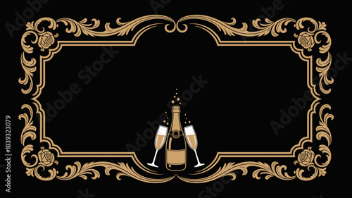 Ornate vintage gold frame with champagne illustration on black background