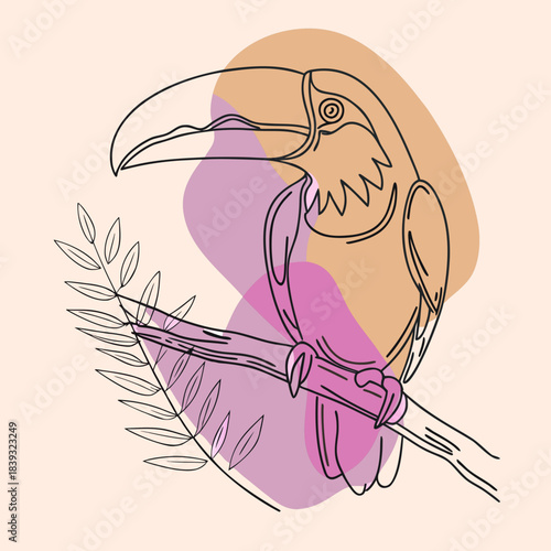 Minimalist toucan illustration perched on a branch with soft color blobs